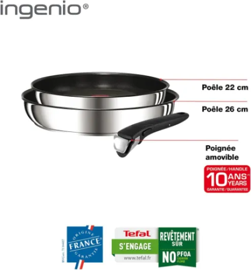 INGENIO PREFERENCE Lot de 2 Poêles 24/28 cm Antiadhésif + 1 Poignée Amovible Induction L9409202, fabriqué en France, Inox 36 x 31 x 6,5 cm Unique