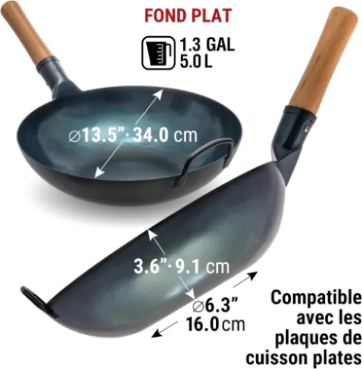 Woks Et Poêles à Frire 34 cm À Fond Plat En Acier Carbone Bleu - Wok Pré-assaisonné Compatible Induction, Plaques Électriques, Gaz Et Feu Ouvert - Poêles Chinois Traditionnel 34 cm Bleu