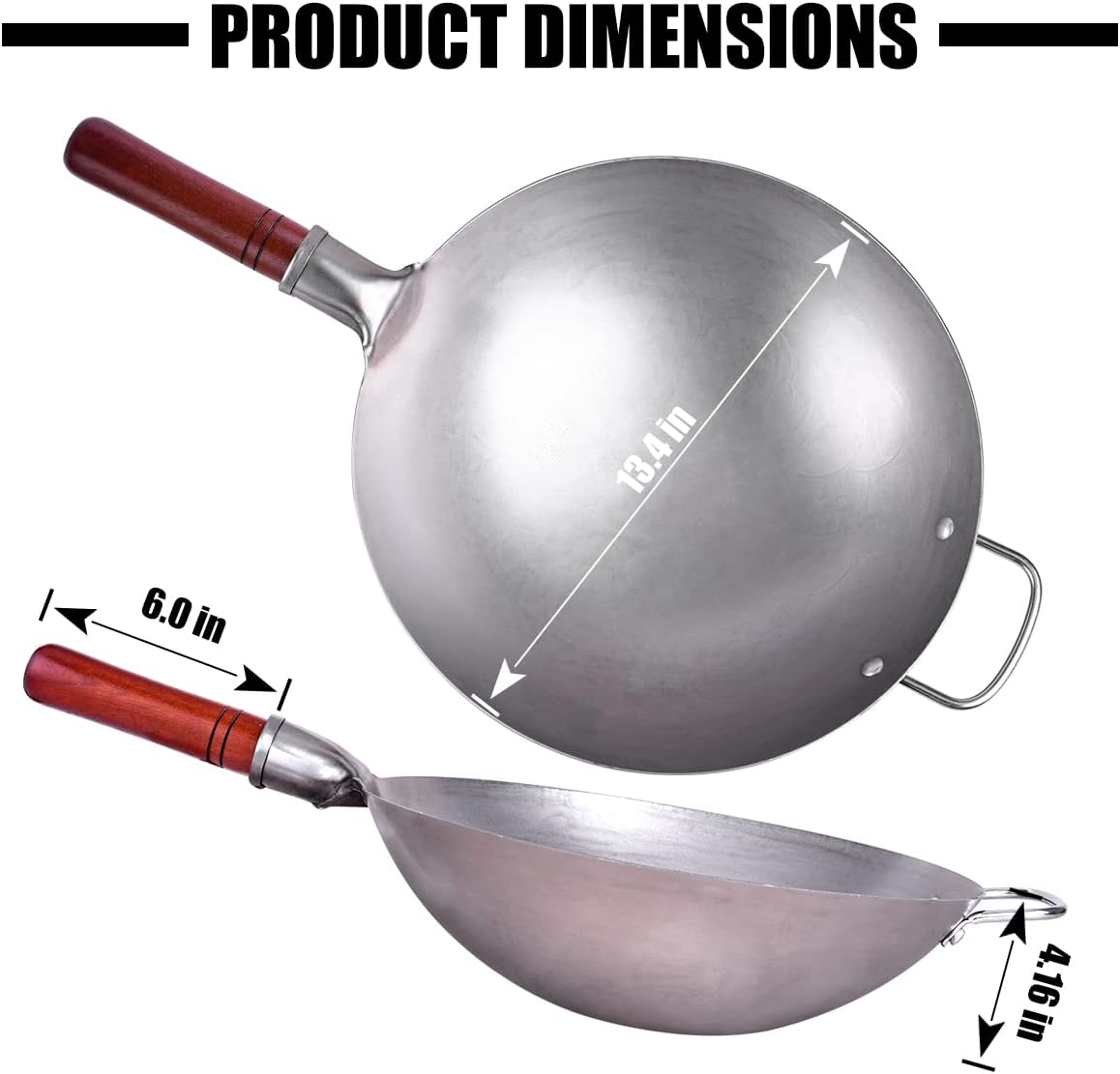 Teewe Wok en acier carbone – 34 cm traditionnel martelé à la main avec 8 accessoires de cuisine