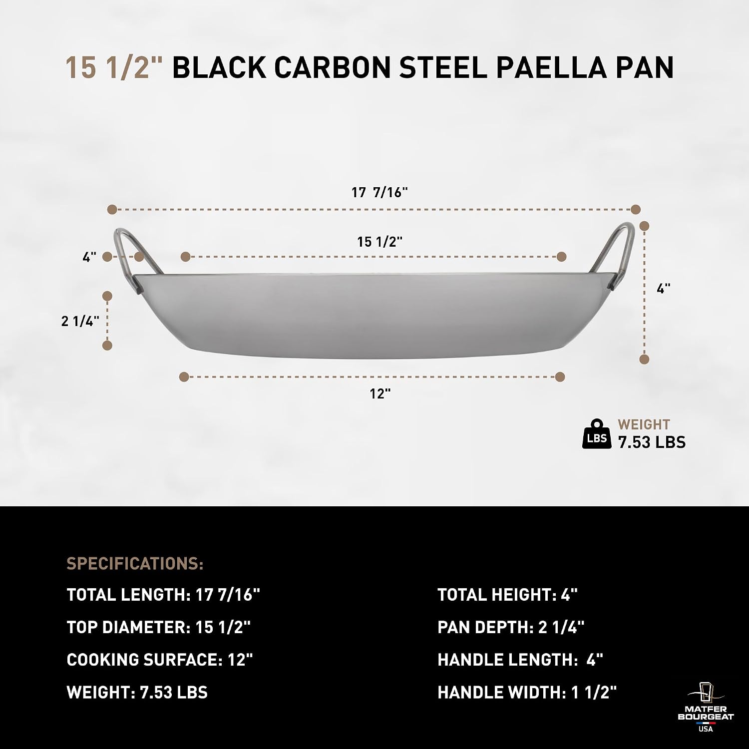 Matfer Bourgeat 062052 Poêle à paella en acier noir, 40,5 cm de diamètre