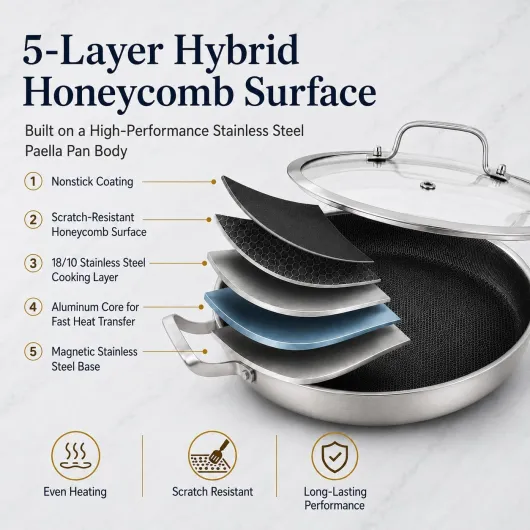 Yeksum Poêle à paella triple épaisseur en acier inoxydable de 35,6 cm, grande poêle antiadhésive, sauteuse avec couvercle, grande cuisinière, poêle à induction, poêles, four à induction et Acier inoxydable Hybrid 14INCH