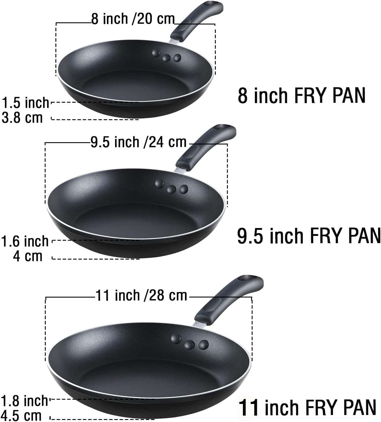 Cook N Home Lot de 3 poêles à frire anti-adhésives Noir 20,3 cm/27,9 cm