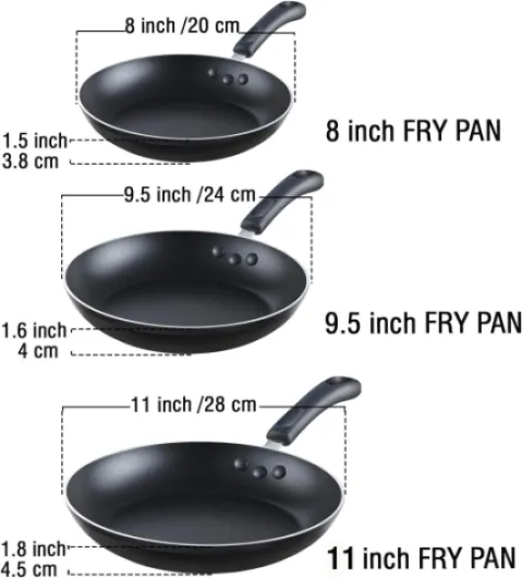 Cook N Home Lot de 3 poêles à frire anti-adhésives Noir 20,3 cm/27,9 cm
