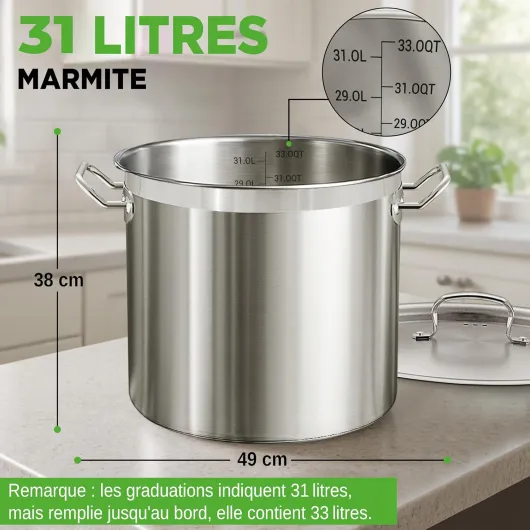Marmite Inox 35 QT (31 L) avec Couvercle – Grande Marmite à Soupe, Faitout Inox Tous Feux dont Induction – Grande Capacité Acier Inoxydable