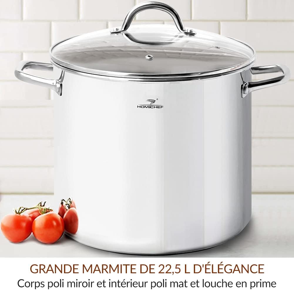 Grande marmite de 22.5 litres avec couvercle – Batterie de cuisine en acier inoxydable sans nickel – Marmite polie – Marmite à soupe robuste avec couvercle pour induction 22.5 litres Acier Inoxydable Poli Miroir