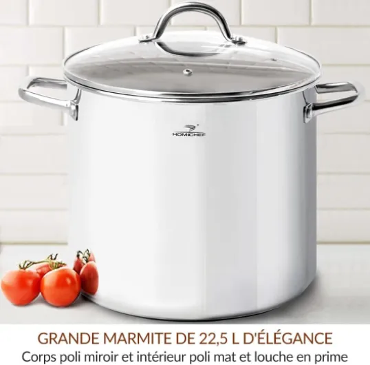 Grande marmite de 22.5 litres avec couvercle – Batterie de cuisine en acier inoxydable sans nickel – Marmite polie – Marmite à soupe robuste avec couvercle pour induction 22.5 litres Acier Inoxydable Poli Miroir