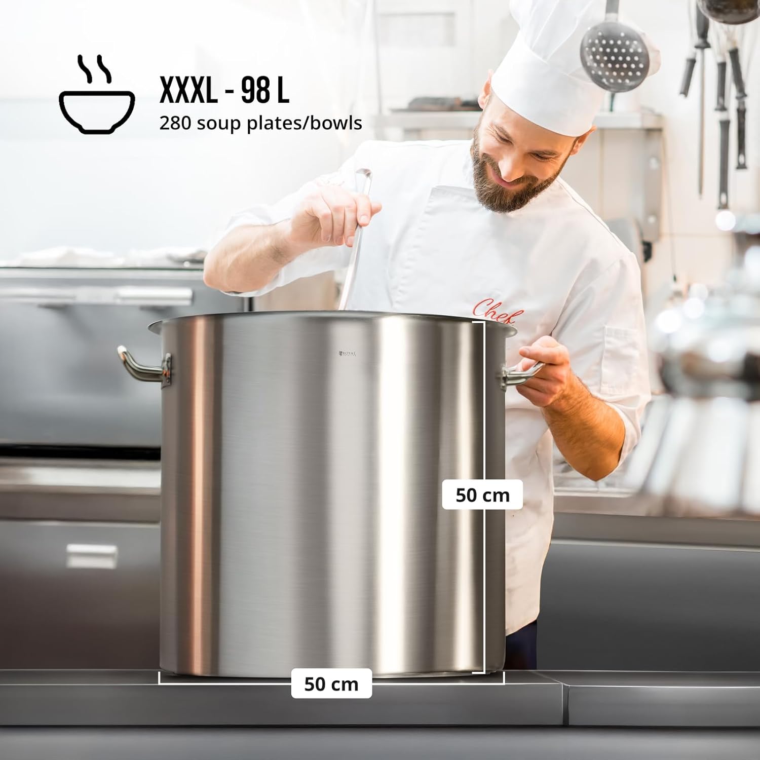 Marmite Traiteur en Acier avec couvercle 98 L, bord verseur, pour plaques à induction, gaz, électrique et autres, Casserole en inox pour Événement Commercial Restaurant, Hôtel 98 Litres
