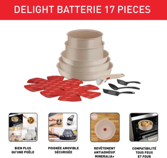 Ingenio Delight Batterie de cuisine - Empilable - 17 pièces - Poêle induction et casserole avec poignée amovible brevetée - Empilable pour cuisiner - Gratiner et conserver vos repas