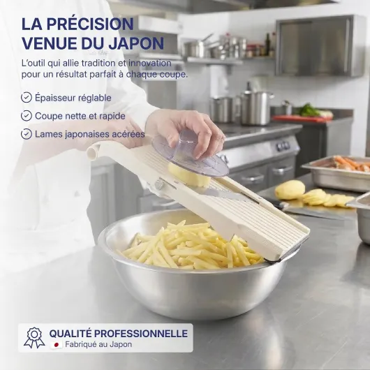 Mandoline japonaise Benriner Premium 95 mm - ABS + Inox - Véritable, fabriquée au Japon ; tranche fruits, légumes, frites, juliennes ; 3 lames 1/2/7mm, pied antidérapant, poussoir