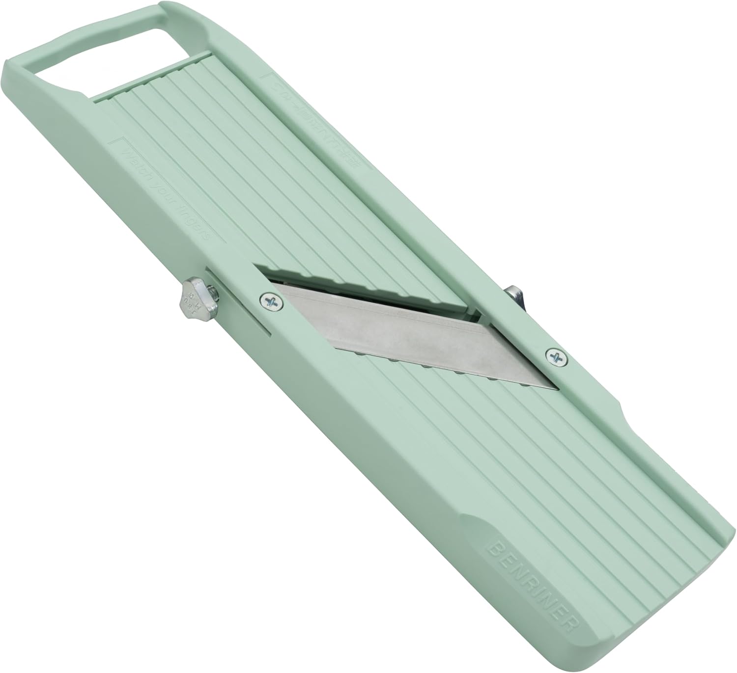 Benriner BN-1GR Mandoline japonaise à main avec 3 lames interchangeables en acier inoxydable - Coupe-légumes et fruits - Vert Vert Sans plateau de récupération Simple