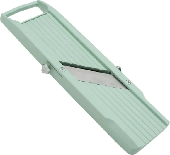 Benriner BN-1GR Mandoline japonaise à main avec 3 lames interchangeables en acier inoxydable - Coupe-légumes et fruits - Vert Vert Sans plateau de récupération Simple