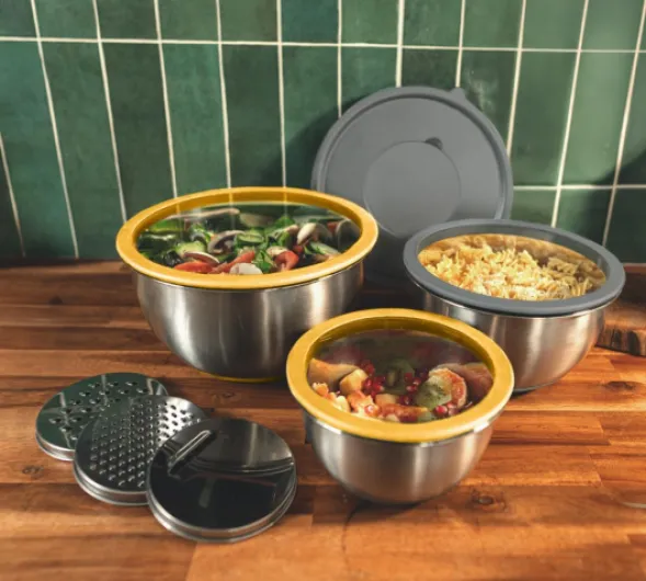 Lot de 3 Bols en Inox avec Couvercles en Verre + 3 râpes intégrées - Cul de poule inox 4 en 1, Empilables, Idéal Repas, Pique-Nique, Préparation