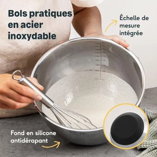 Lot de 3 Saladiers Inox avec Couvercles Hermétiques - Échelle graduée, cul de poule, pour conserver ou mixer 1,4 litres, 2,8 litres, 4,7 litres