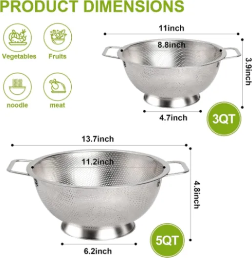 Gulex Ensemble passoire et passoire en acier inoxydable (5 litres et 3 pintes), passoire pour aliments de cuisine, passe au lave-vaisselle