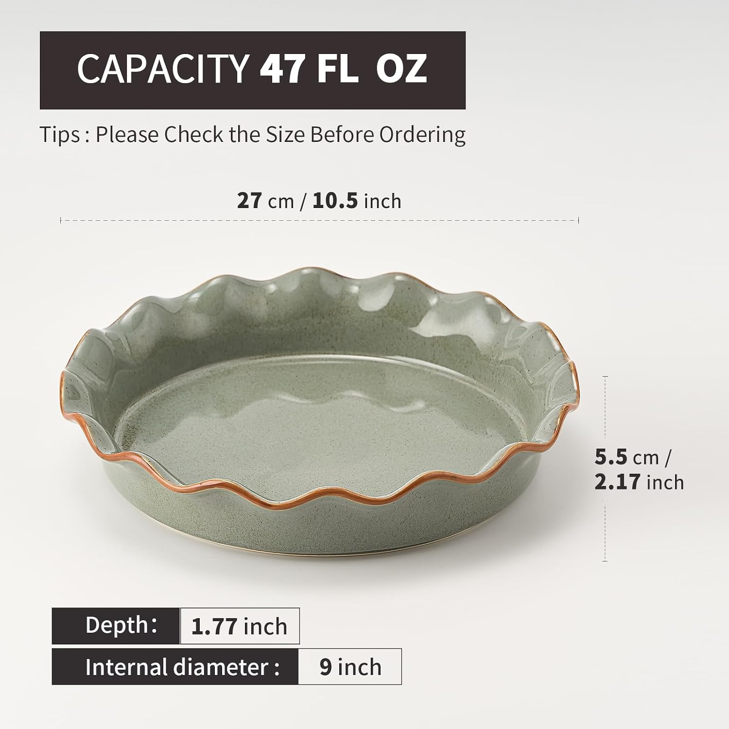 SIDUCAL Moule à tarte en céramique pour la cuisson [26,7 cm], plaque à tarte en céramique antiadhésive réutilisable avec bord volanté, plat à tarte profond et cannelé pour tarte aux pommes, quiche, 10.5 INCHES Vert