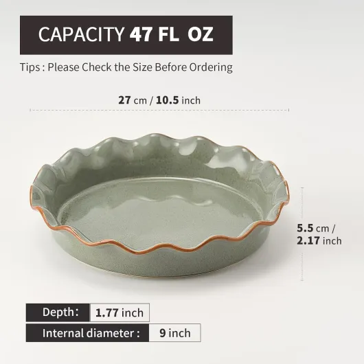 SIDUCAL Moule à tarte en céramique pour la cuisson [26,7 cm], plaque à tarte en céramique antiadhésive réutilisable avec bord volanté, plat à tarte profond et cannelé pour tarte aux pommes, quiche, 10.5 INCHES Vert