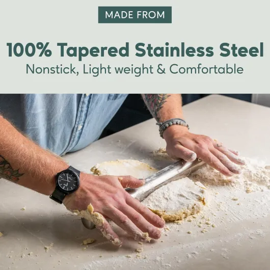 Ultra Cuisine Rouleau à pâtisserie français en acier inoxydable – Design conique en acier inoxydable, usage professionnel ou domestique avec pizza, biscuits et pâte à pâtisserie, ou fondant et pâte à Measurements