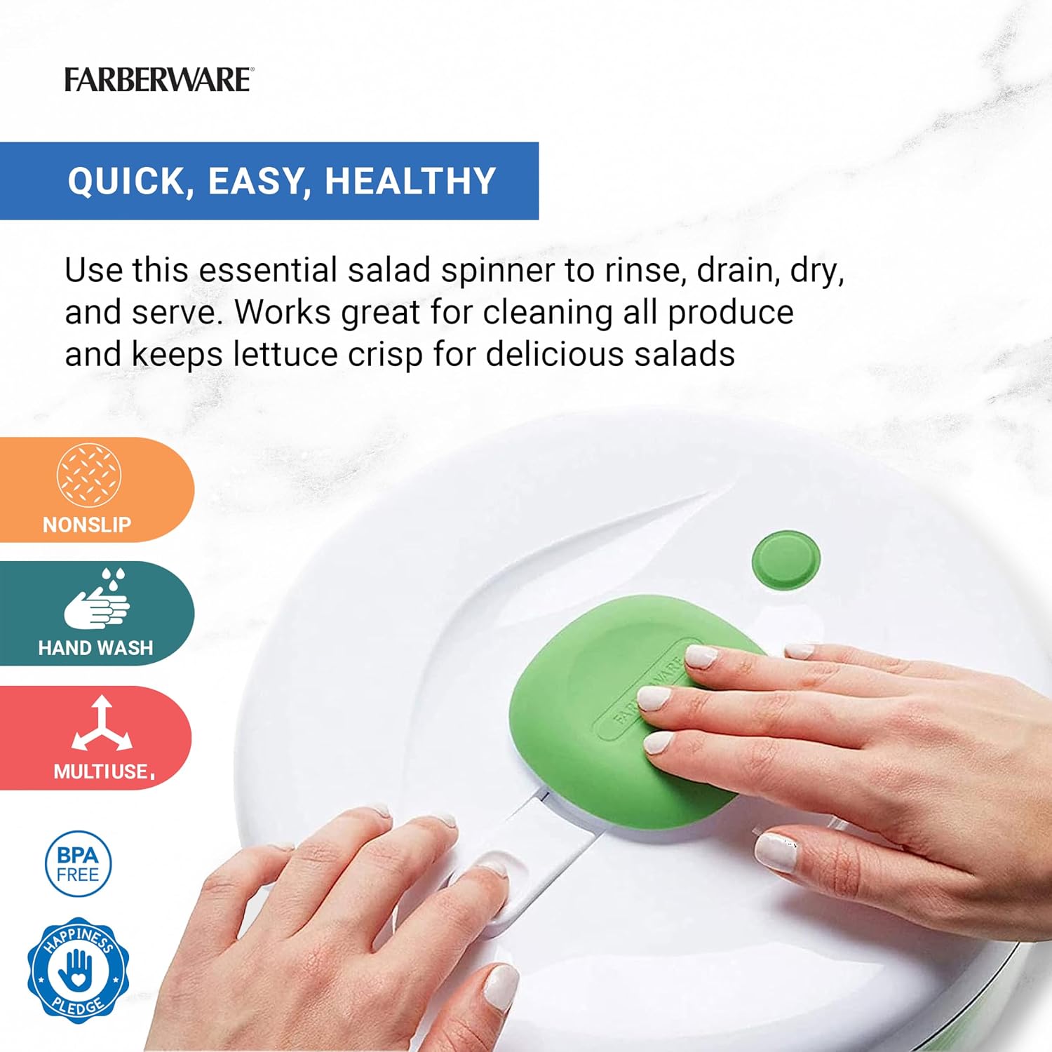 Farberware 5264312 Essoreuse à pompe professionnelle facile à utiliser avec bol, passoire et système de drainage intégré pour salade fraîche, croustillante, propre, en plastique, vert Essoreuse à salade