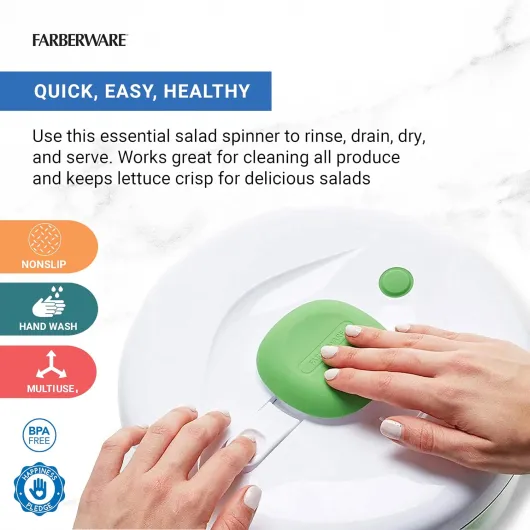 Farberware 5264312 Essoreuse à pompe professionnelle facile à utiliser avec bol, passoire et système de drainage intégré pour salade fraîche, croustillante, propre, en plastique, vert Essoreuse à salade